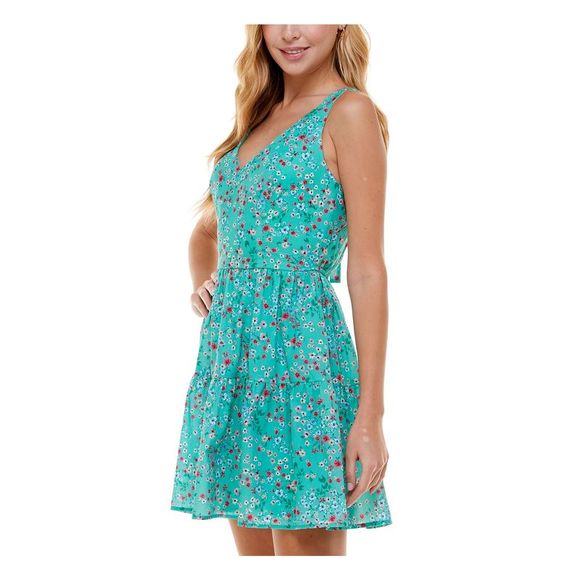 CITY STUDIO Womens Aqua Tie Tiered Sleeveless Short Fit + Flare Dress Juniors M - Picture 3 of 4